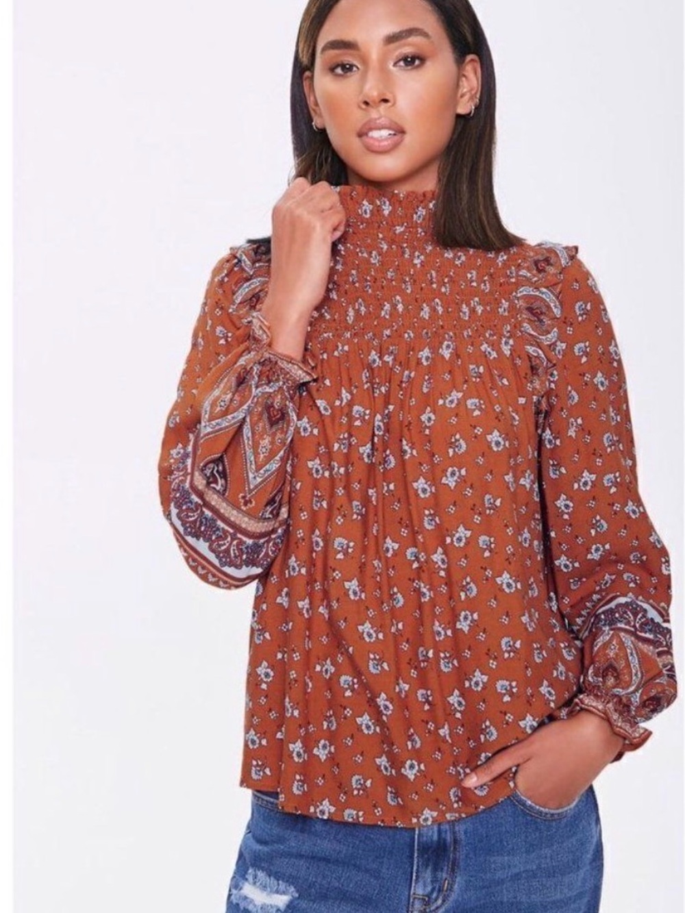 FOREVER 21 Smocked High-Neck Floral Blouse - Rust - Large